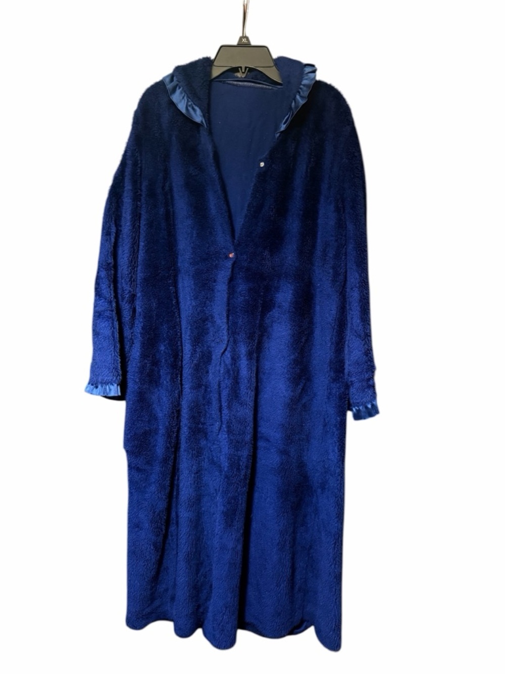 Vintage Navy Blue Plush Fleece Snap-Front Robe | Long Housecoat Satin Trim S/M